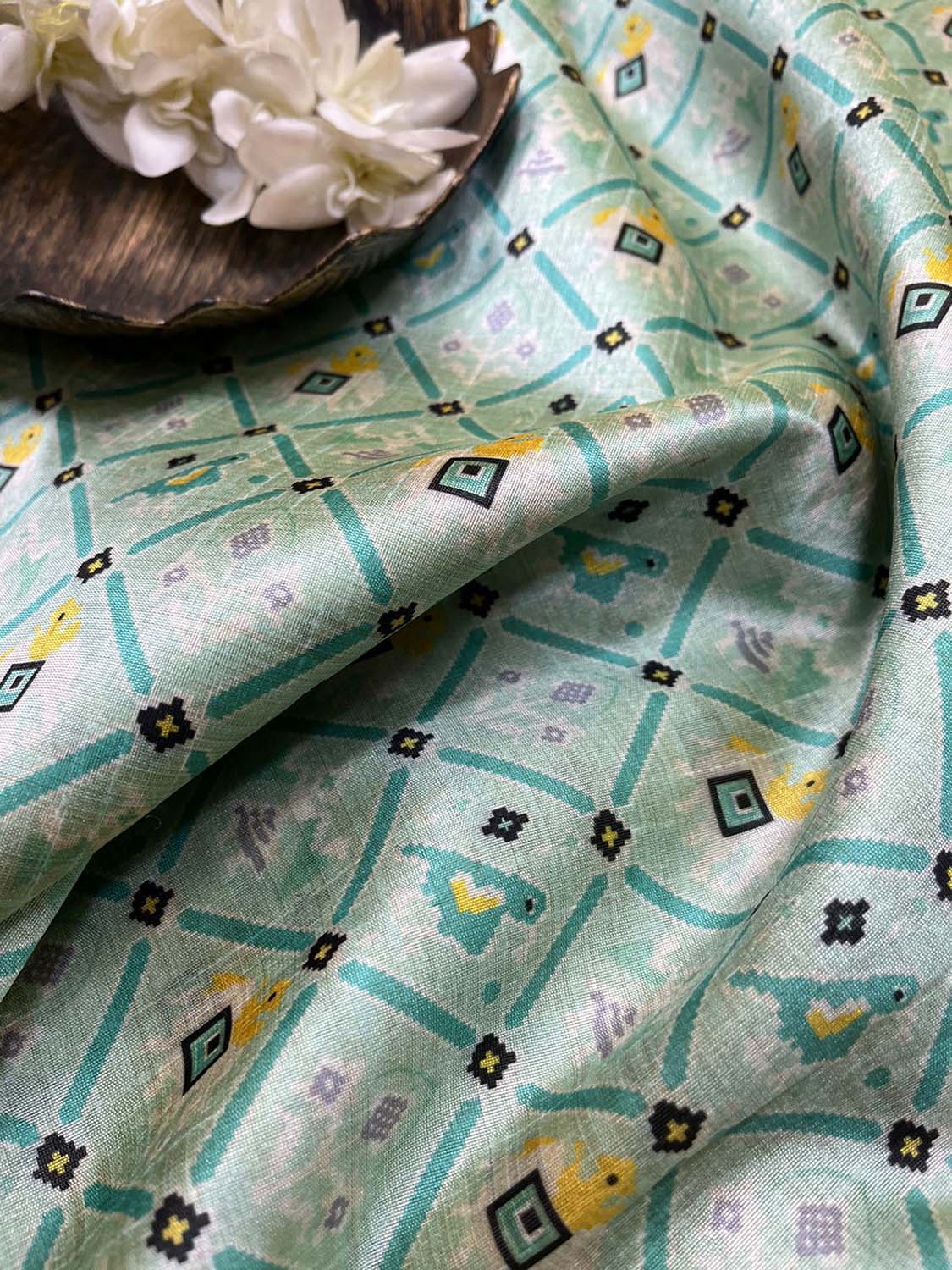 Blue Digital Printed Patola Design Tussar Silk Fabric ( 1 Mtr ) - divyaindia 