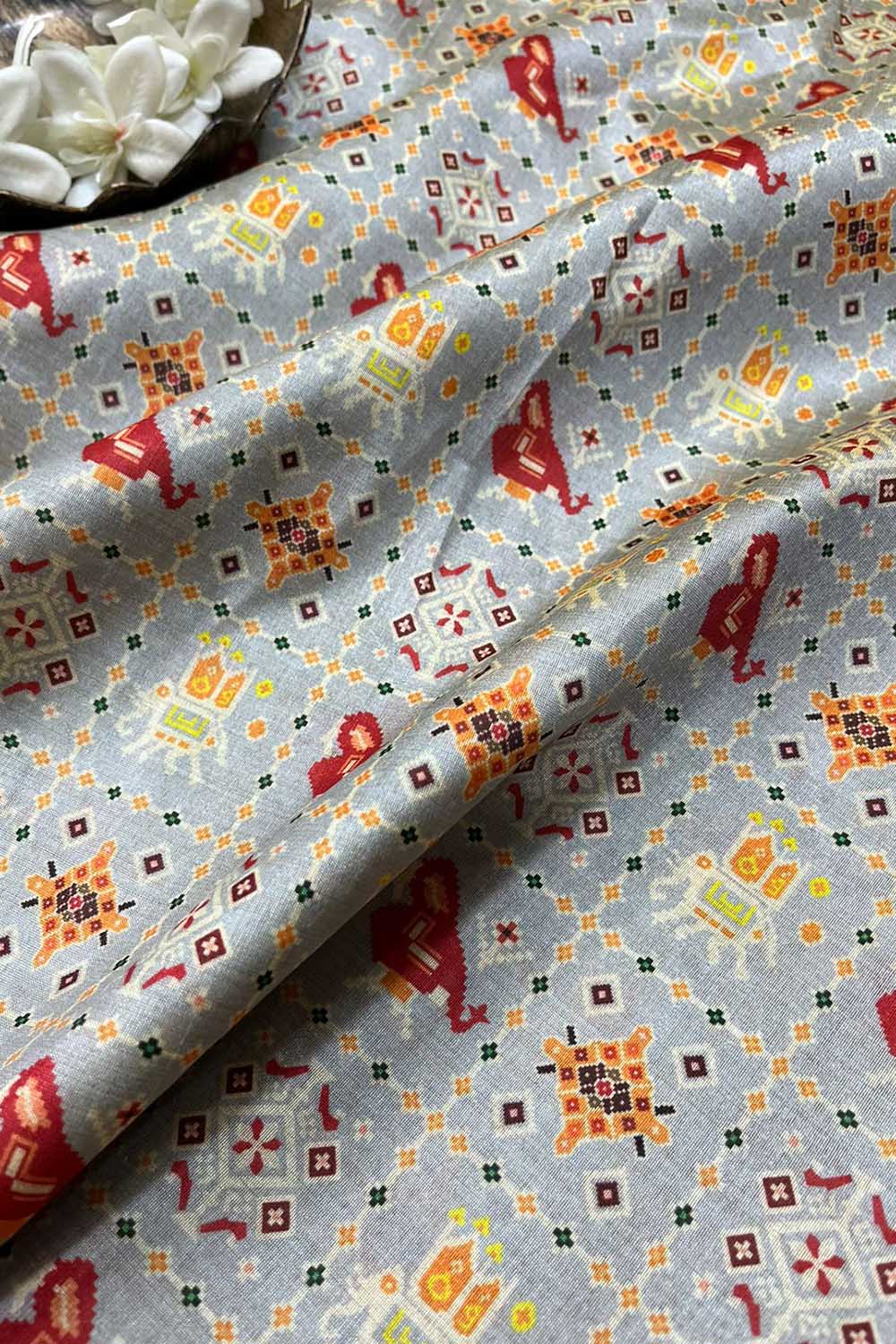 Grey Digital Printed Patola Design Tussar Silk Fabric ( 1 Mtr ) - divyaindia 