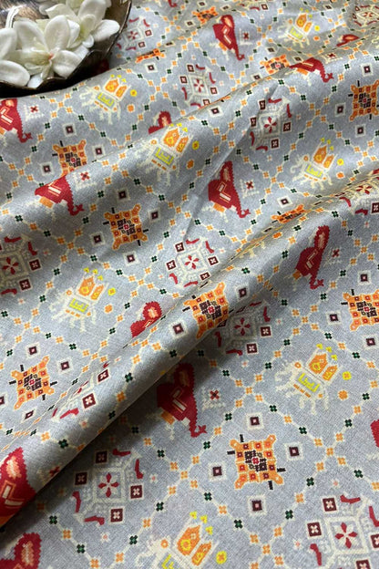 Grey Digital Printed Patola Design Tussar Silk Fabric ( 1 Mtr ) - divyaindia 