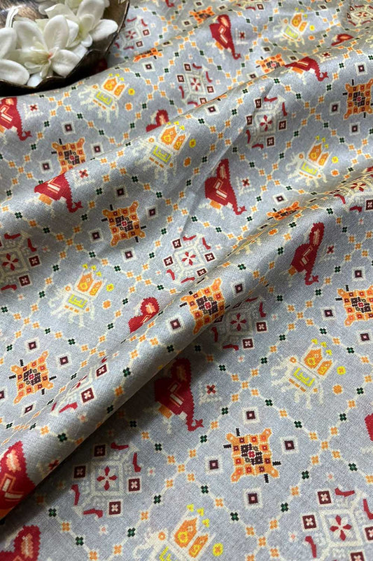 Grey Digital Printed Patola Design Tussar Silk Fabric ( 1 Mtr ) - divyaindia 
