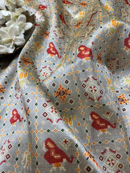Grey Digital Printed Patola Design Tussar Silk Fabric ( 1 Mtr ) - divyaindia 