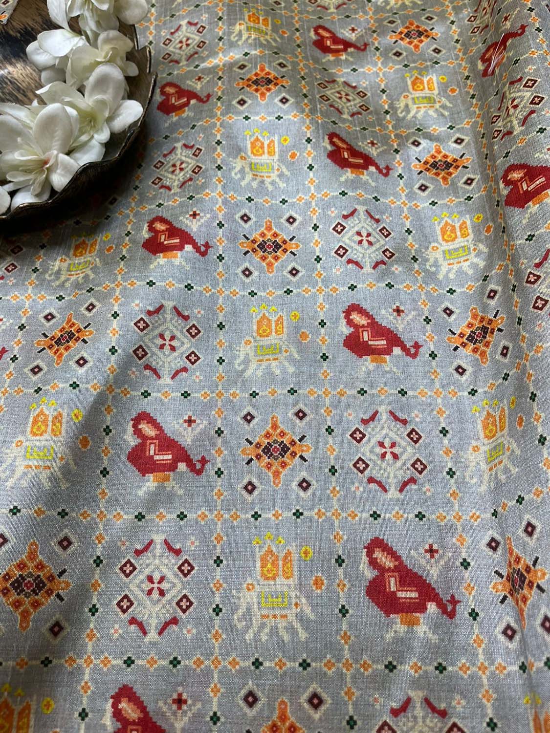 Grey Digital Printed Patola Design Tussar Silk Fabric ( 1 Mtr ) - divyaindia 