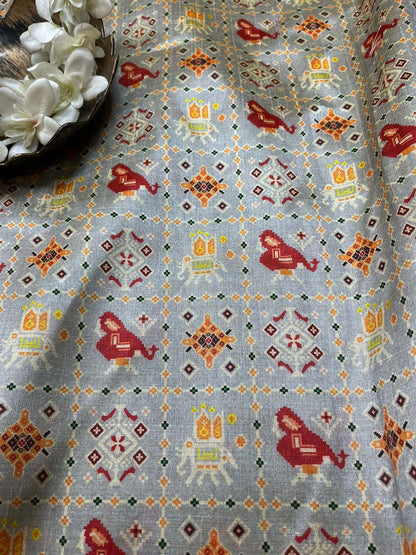 Grey Digital Printed Patola Design Tussar Silk Fabric ( 1 Mtr ) - divyaindia 