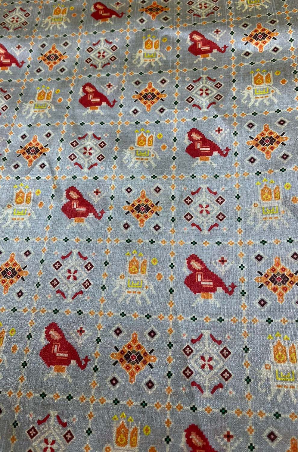 Grey Digital Printed Patola Design Tussar Silk Fabric ( 1 Mtr ) - divyaindia 