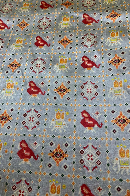 Grey Digital Printed Patola Design Tussar Silk Fabric ( 1 Mtr ) - divyaindia 
