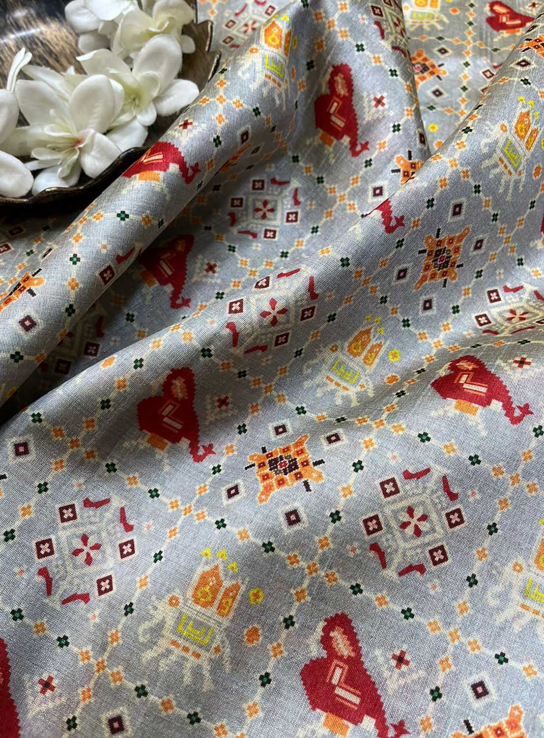 Grey Digital Printed Patola Design Tussar Silk Fabric ( 1 Mtr ) - divyaindia 