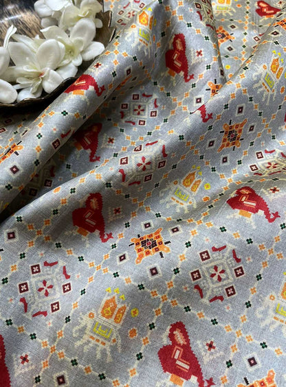 Grey Digital Printed Patola Design Tussar Silk Fabric ( 1 Mtr ) - divyaindia 