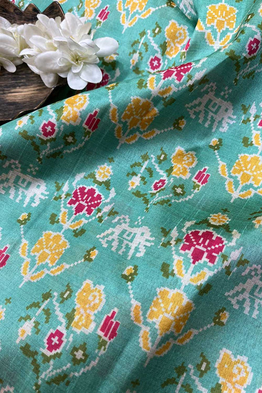 Blue Digital Printed Patola Design Tussar Silk Fabric ( 1 Mtr ) - divyaindia 