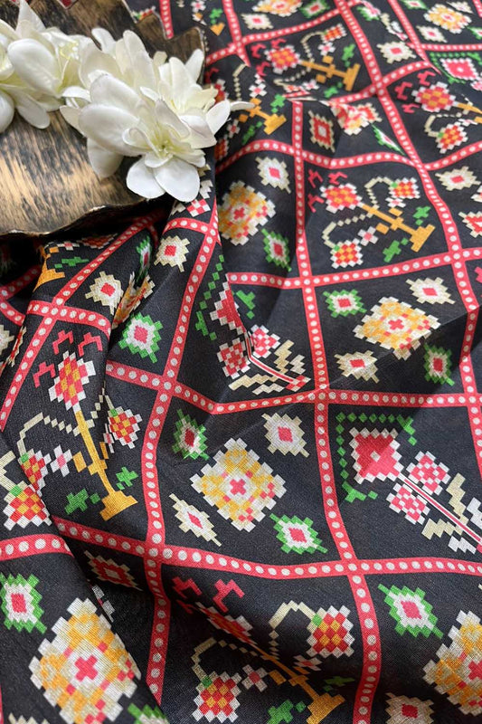 Black Digital Printed Patola Design Tussar Silk Fabric ( 1 Mtr ) - divyaindia 