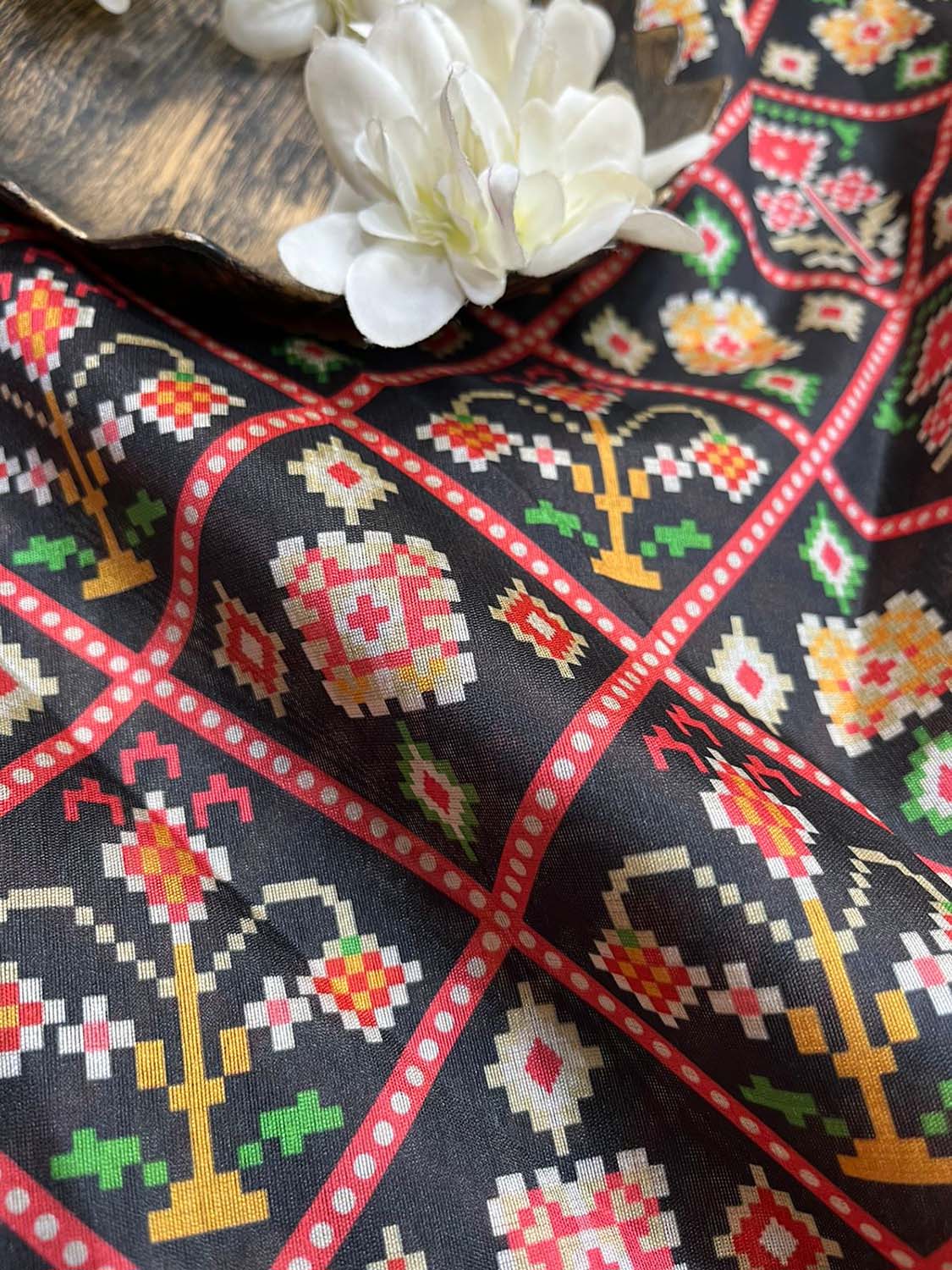 Black Digital Printed Patola Design Tussar Silk Fabric ( 1 Mtr ) - divyaindia 