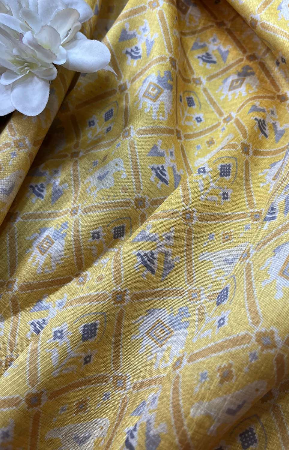 Yellow Digital Printed Patola Design Tussar Silk Fabric ( 1 Mtr ) - divyaindia 