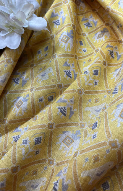 Yellow Digital Printed Patola Design Tussar Silk Fabric ( 1 Mtr ) - divyaindia 