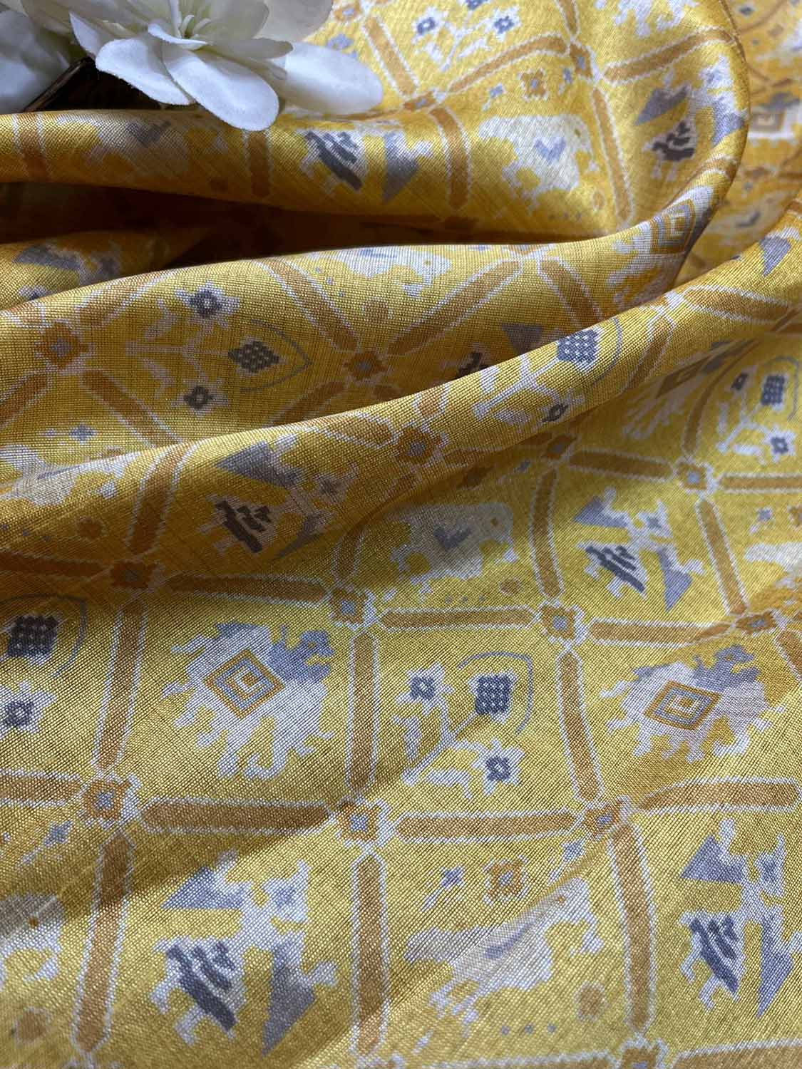 Yellow Digital Printed Patola Design Tussar Silk Fabric ( 1 Mtr ) - divyaindia 