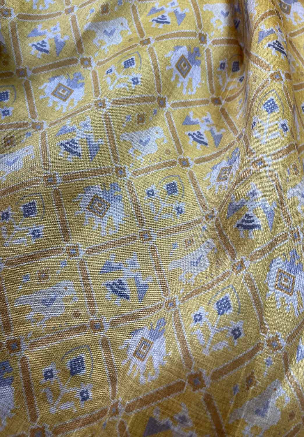 Yellow Digital Printed Patola Design Tussar Silk Fabric ( 1 Mtr ) - divyaindia 