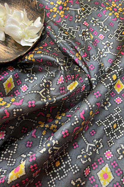 Grey Digital Printed Patola Design Tussar Silk Fabric ( 1 Mtr ) - divyaindia 