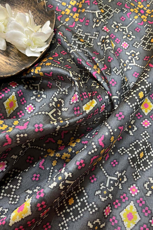 Grey Digital Printed Patola Design Tussar Silk Fabric ( 1 Mtr ) - divyaindia 
