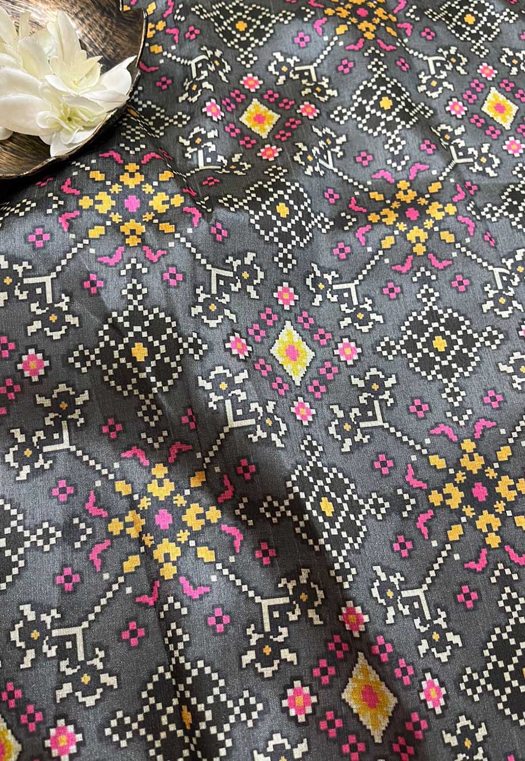 Grey Digital Printed Patola Design Tussar Silk Fabric ( 1 Mtr ) - divyaindia 