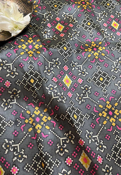 Grey Digital Printed Patola Design Tussar Silk Fabric ( 1 Mtr ) - divyaindia 