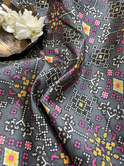Grey Digital Printed Patola Design Tussar Silk Fabric ( 1 Mtr ) - divyaindia 