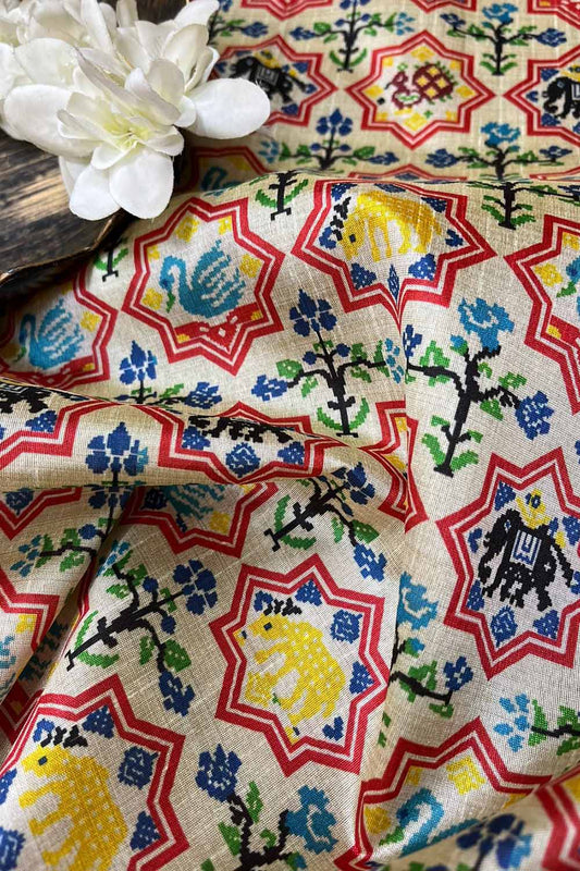 Off White Digital Printed Patola Design Tussar Silk Fabric ( 1 Mtr ) - divyaindia 