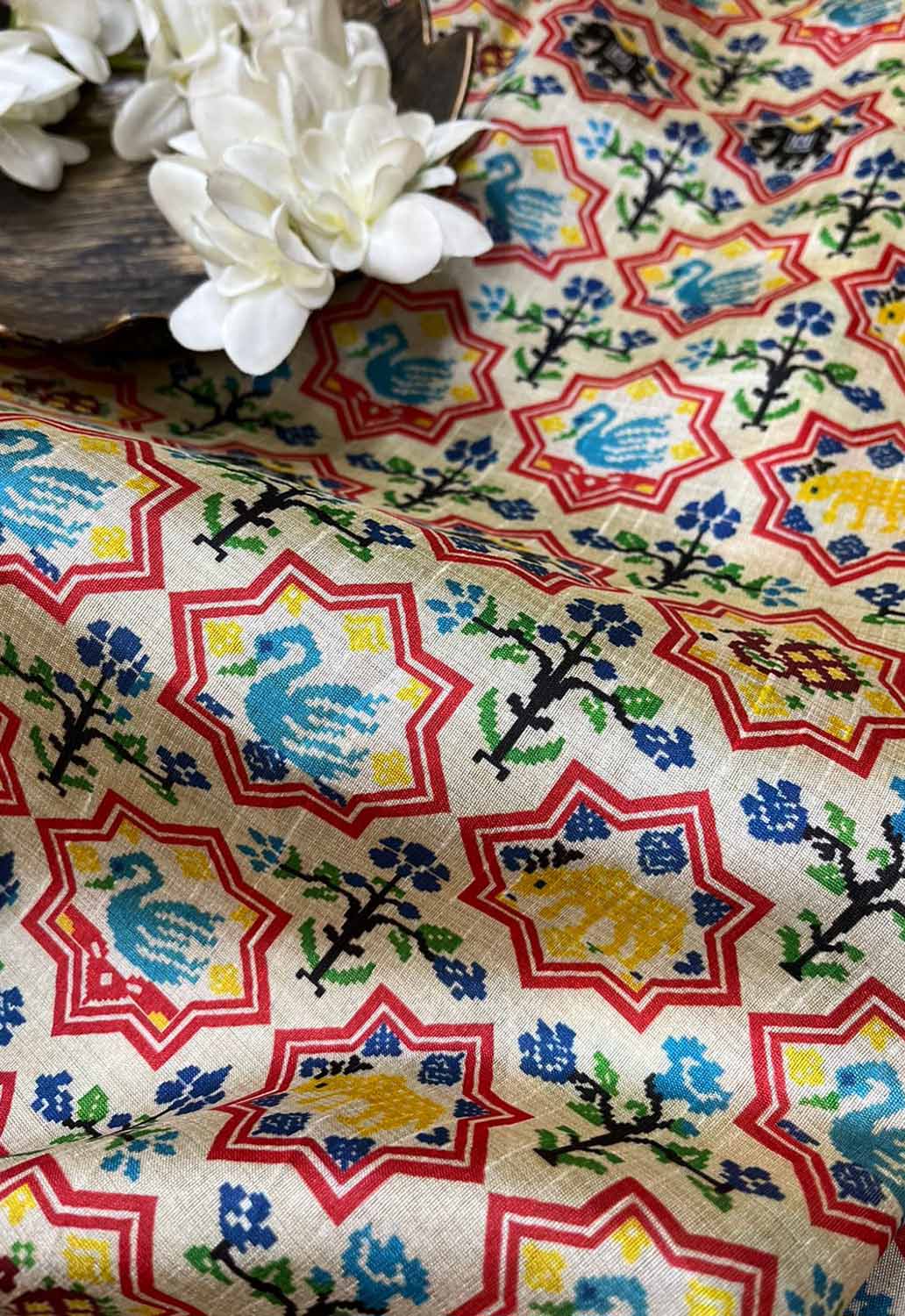 Off White Digital Printed Patola Design Tussar Silk Fabric ( 1 Mtr ) - divyaindia 