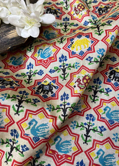Off White Digital Printed Patola Design Tussar Silk Fabric ( 1 Mtr ) - divyaindia 