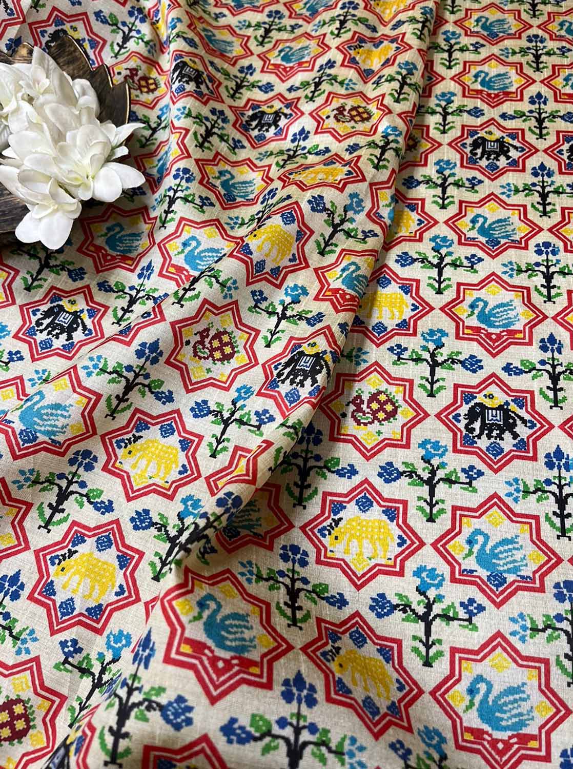 Off White Digital Printed Patola Design Tussar Silk Fabric ( 1 Mtr ) - divyaindia 