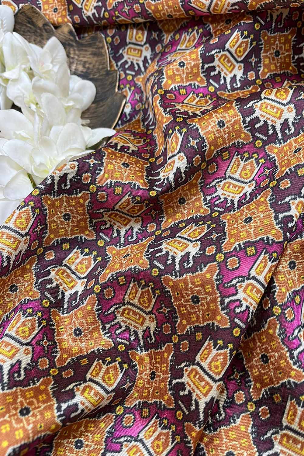 Multicolor Digital Printed Patola Design Tussar Silk Fabric ( 1 Mtr ) - divyaindia 