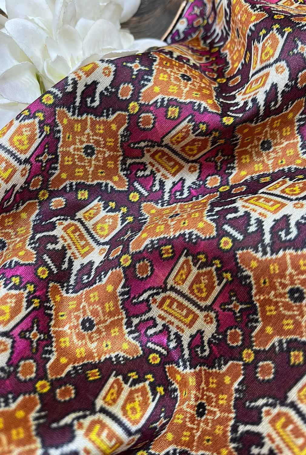 Multicolor Digital Printed Patola Design Tussar Silk Fabric ( 1 Mtr ) - divyaindia 