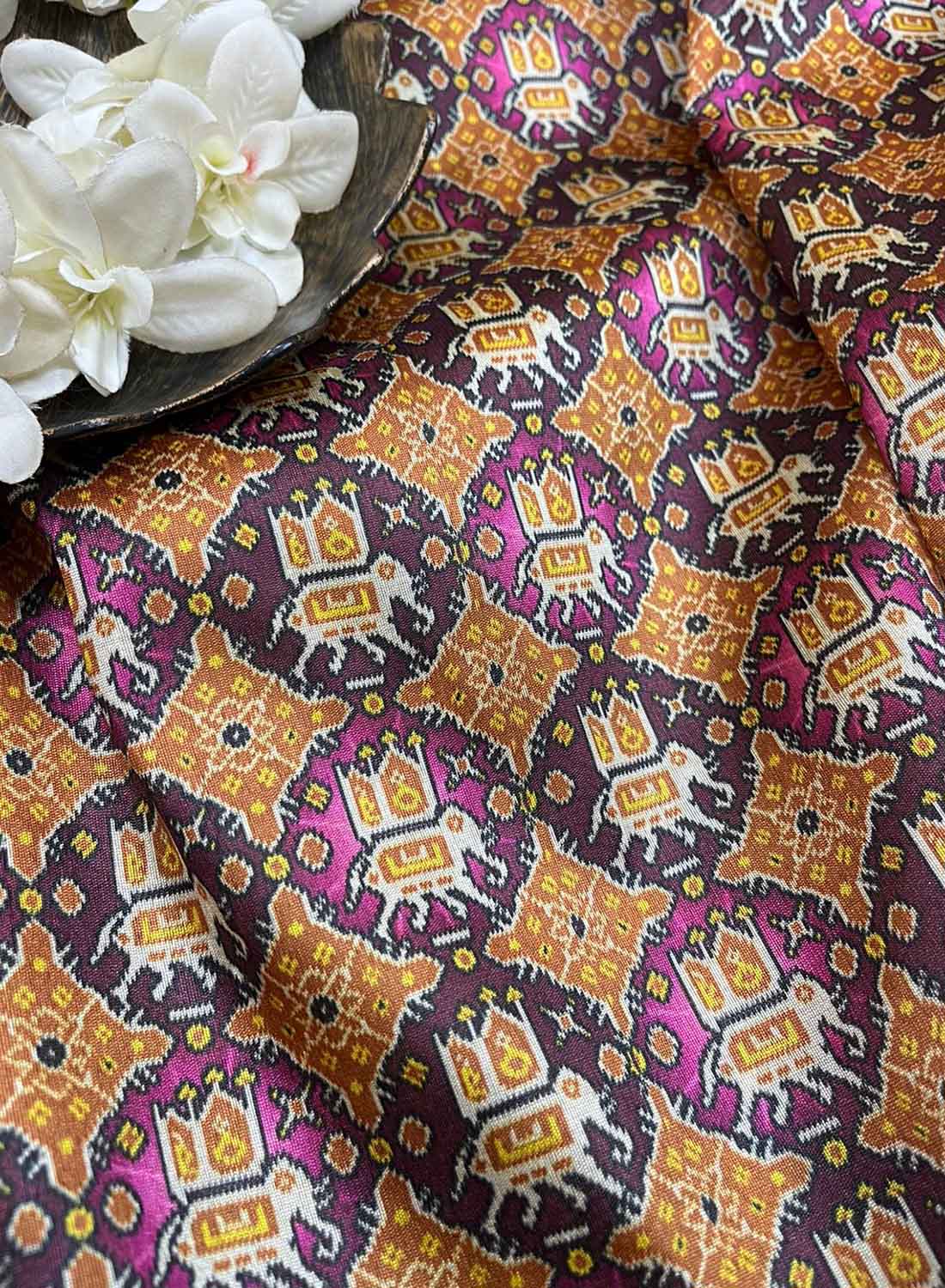 Multicolor Digital Printed Patola Design Tussar Silk Fabric ( 1 Mtr ) - divyaindia 