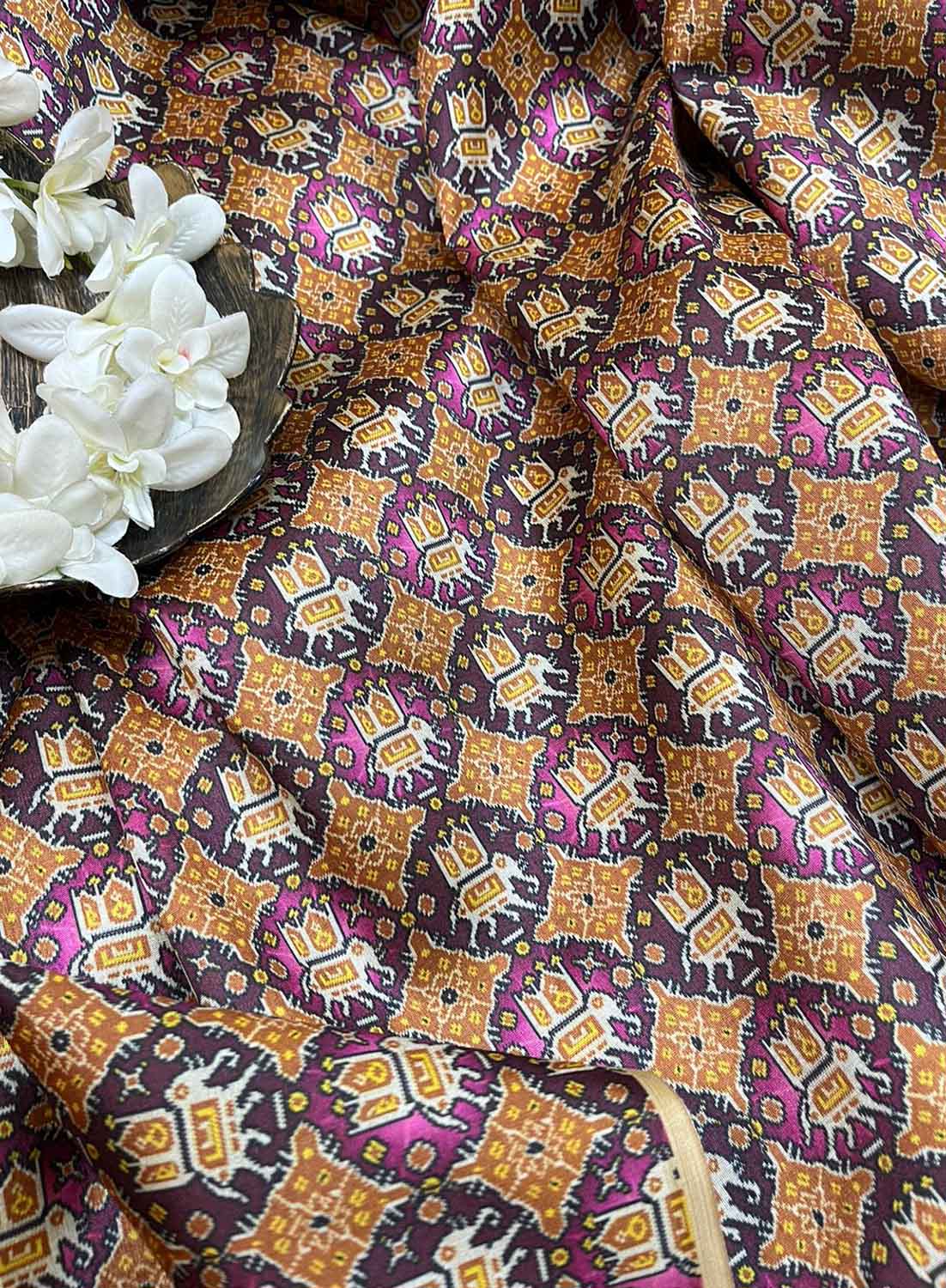 Multicolor Digital Printed Patola Design Tussar Silk Fabric ( 1 Mtr ) - divyaindia 