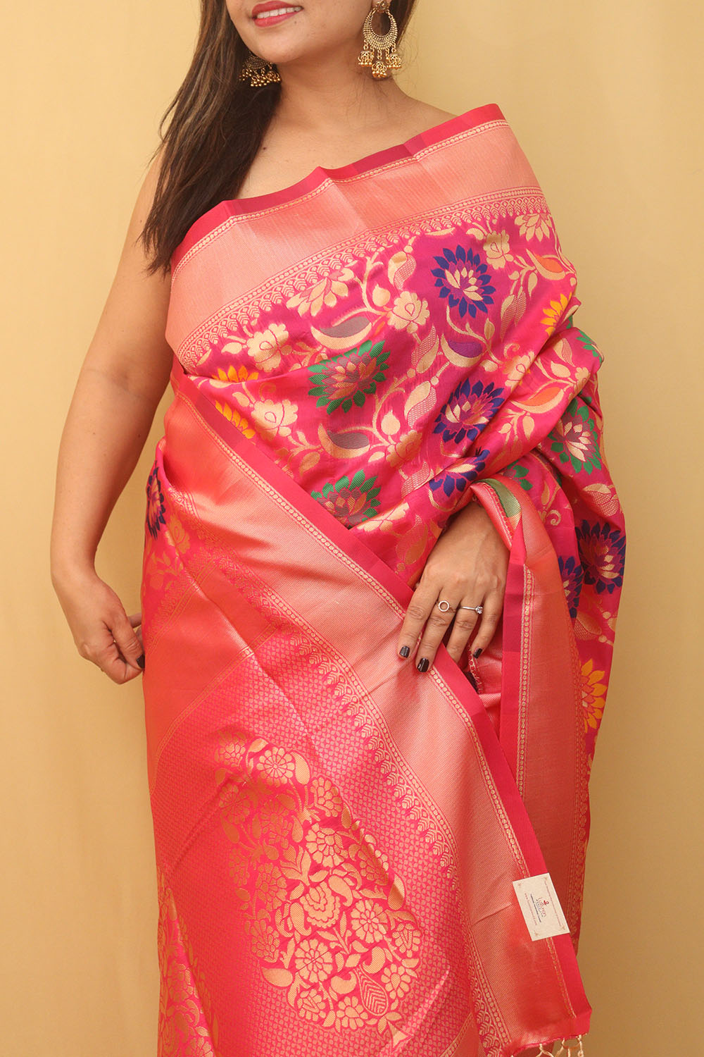 Pink Banarasi Cotton Silk Meenakari Saree - divyaindia 