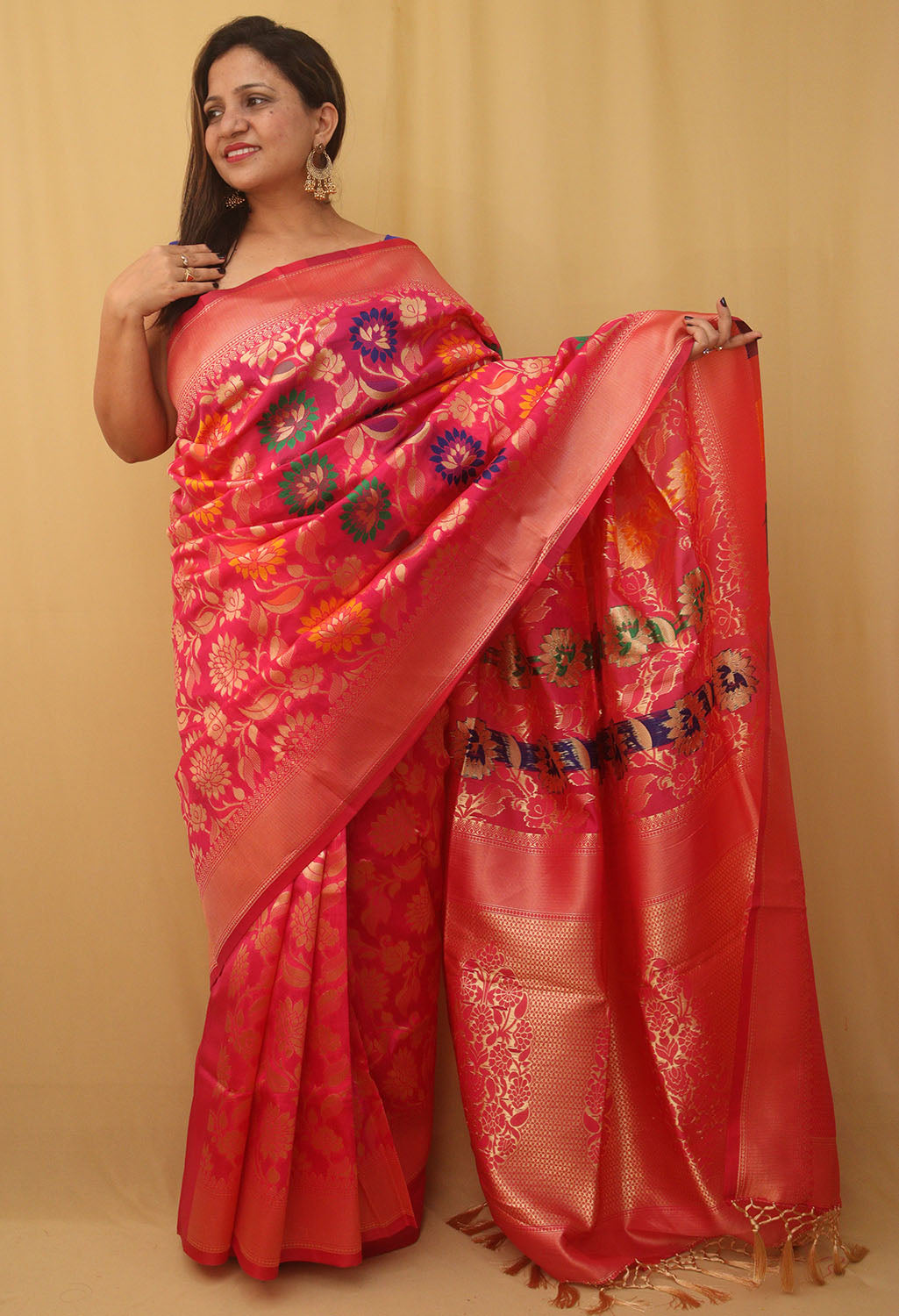 Pink Banarasi Cotton Silk Meenakari Saree - divyaindia 