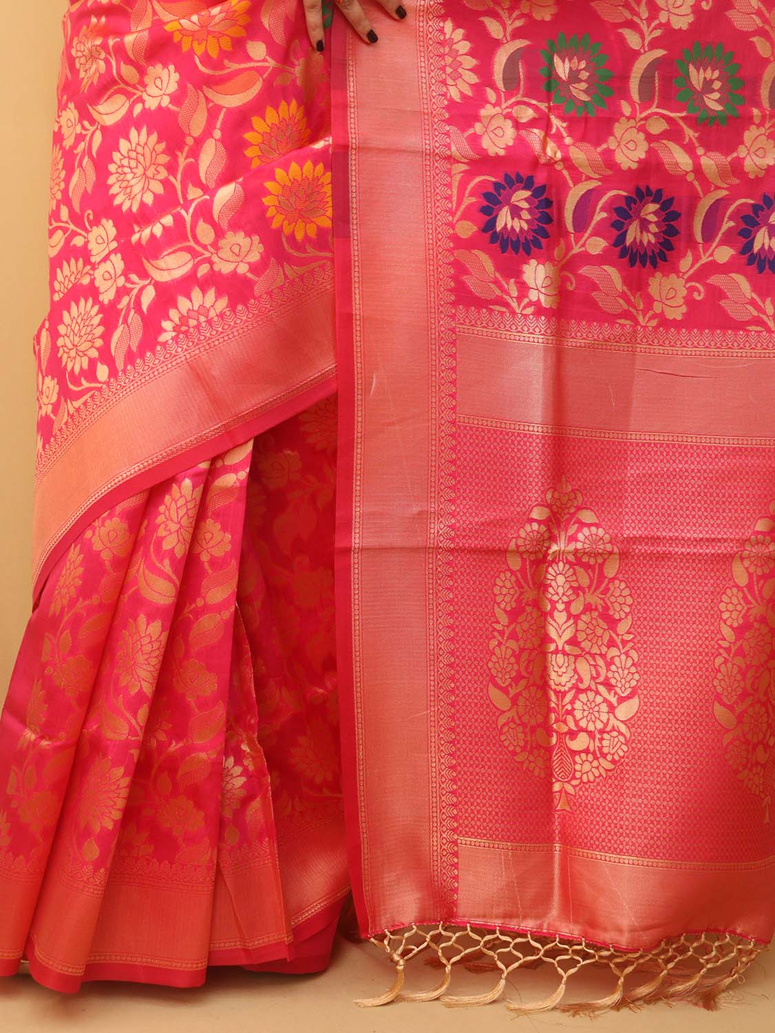 Pink Banarasi Cotton Silk Meenakari Saree - divyaindia 