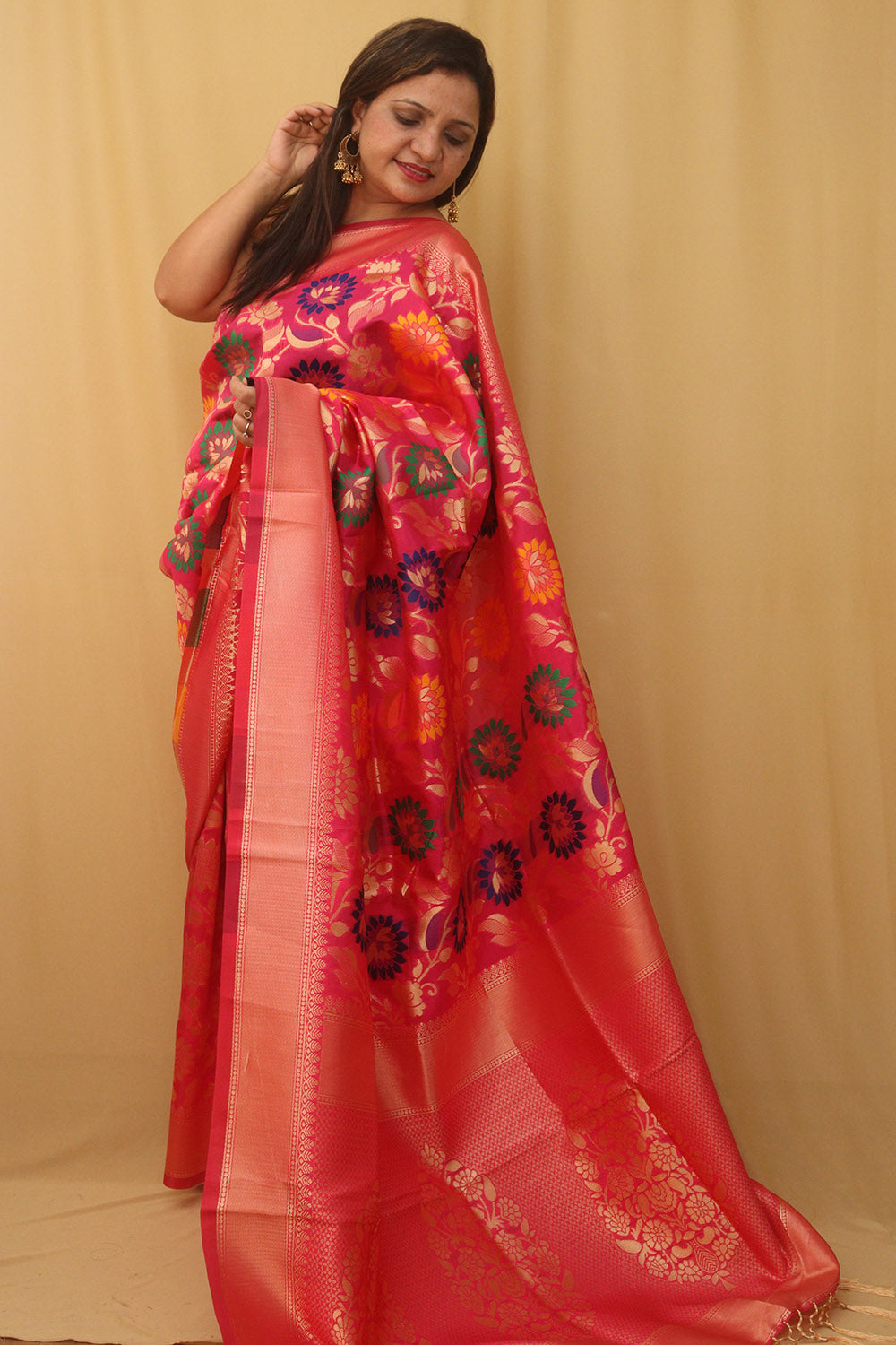 Pink Banarasi Cotton Silk Meenakari Saree - divyaindia 