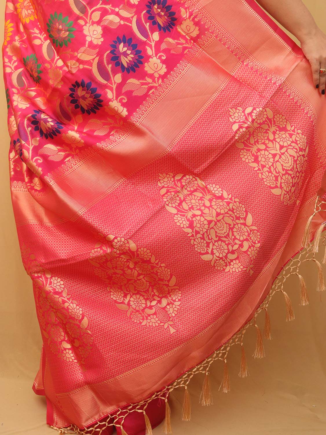 Pink Banarasi Cotton Silk Meenakari Saree - divyaindia 
