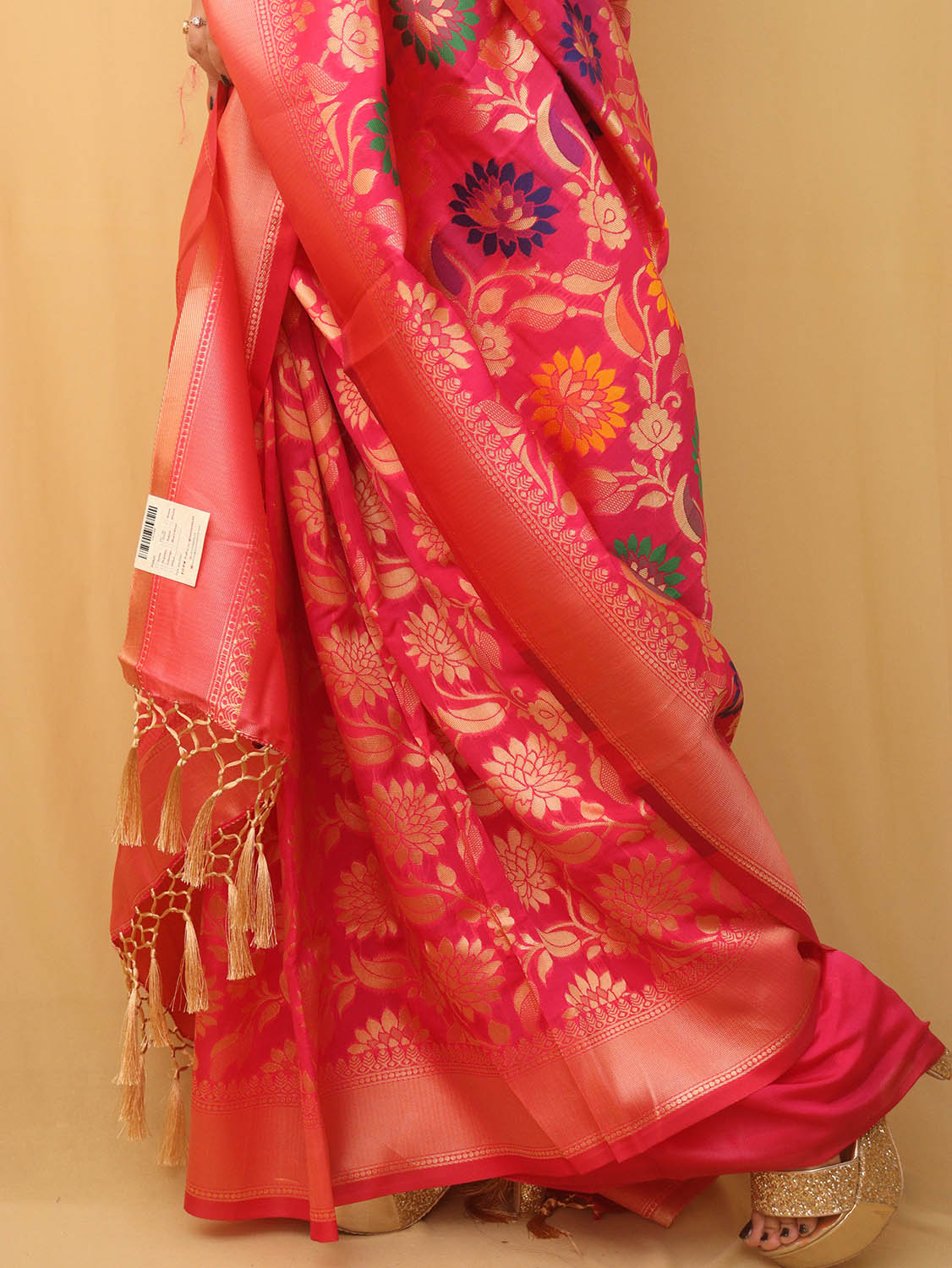 Pink Banarasi Cotton Silk Meenakari Saree - divyaindia 