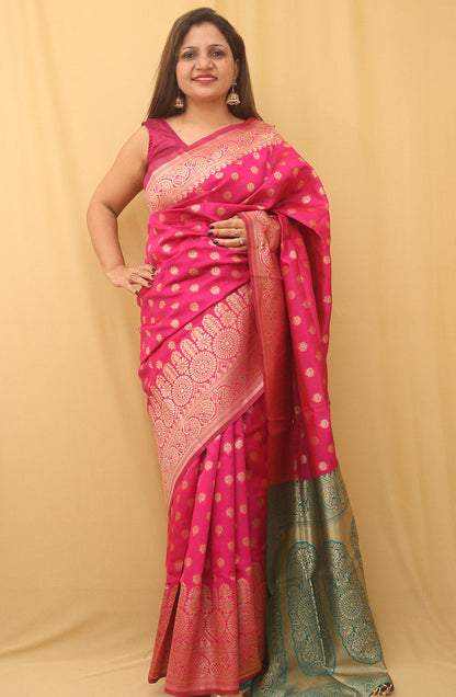 Pink Banarasi Cotton Silk Saree - divyaindia 