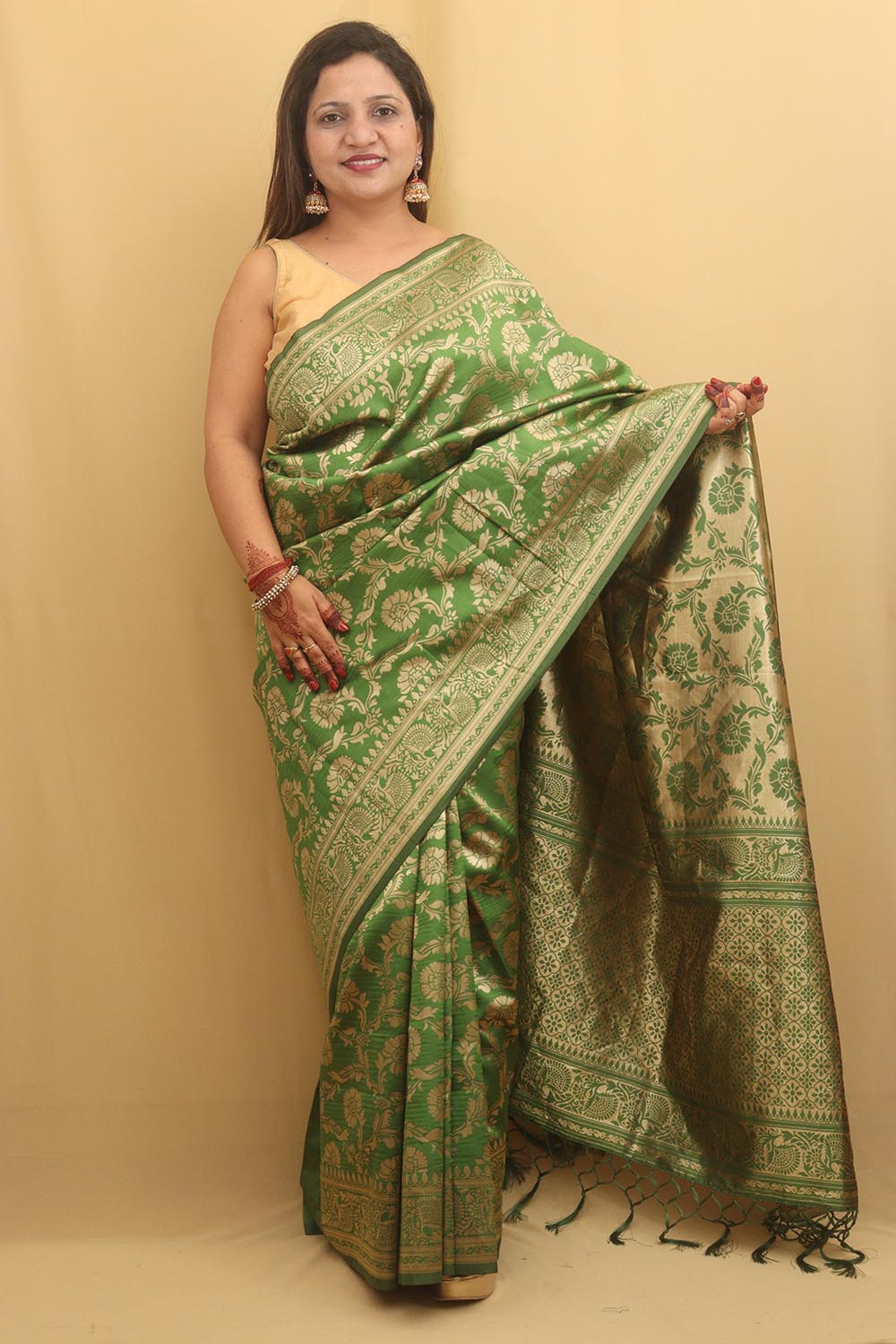 Stunning Green Banarasi Cotton Silk Saree