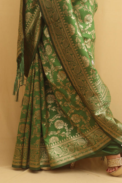 Stunning Green Banarasi Cotton Silk Saree