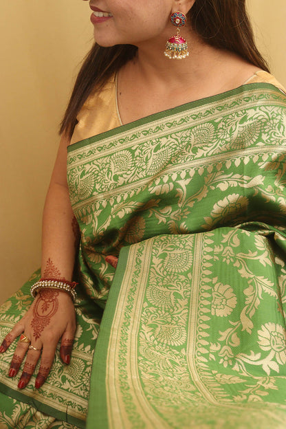 Stunning Green Banarasi Cotton Silk Saree