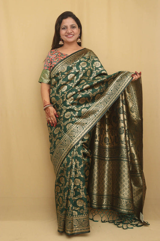 Stunning Green Banarasi Cotton Silk Saree
