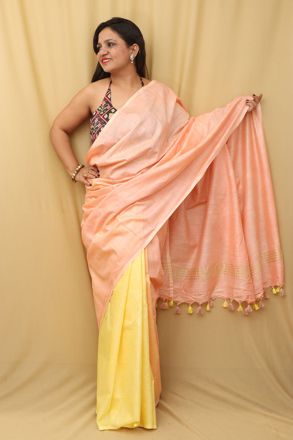 Peach & Yellow Bhagalpur Linen Cotton Saree