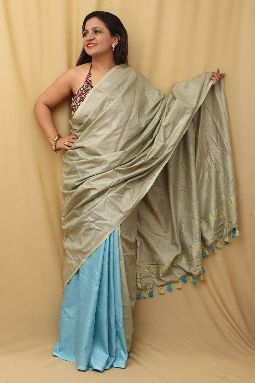 Elegant Grey & Blue Linen Saree from Bhagalpur