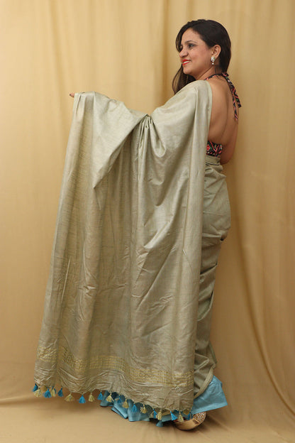 Elegant Grey & Blue Linen Saree from Bhagalpur
