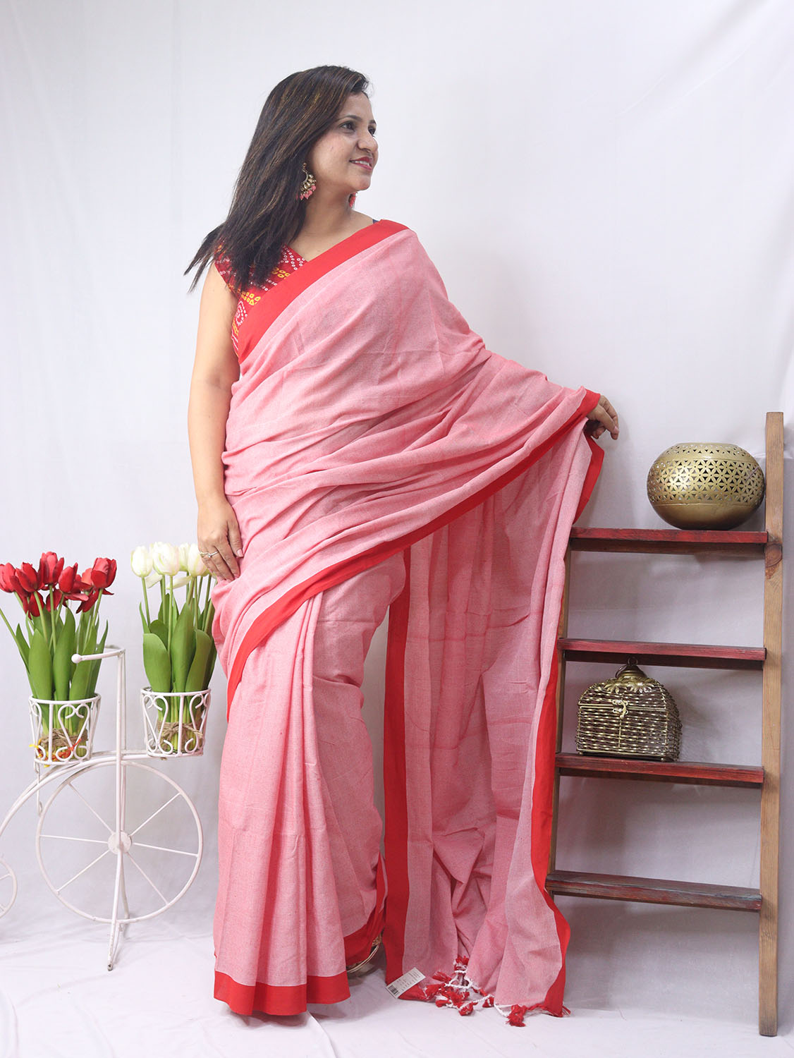 Pink Bengal Plain Cotton Saree - Elegant and Comfortable - divyaindia 