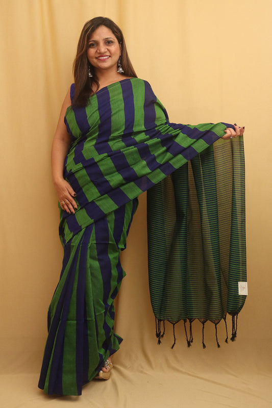 Green And Blue Bengal Cotton Stripe Design Saree - divyaindia 