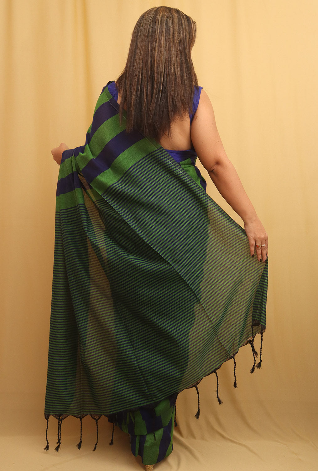 Green And Blue Bengal Cotton Stripe Design Saree - divyaindia 