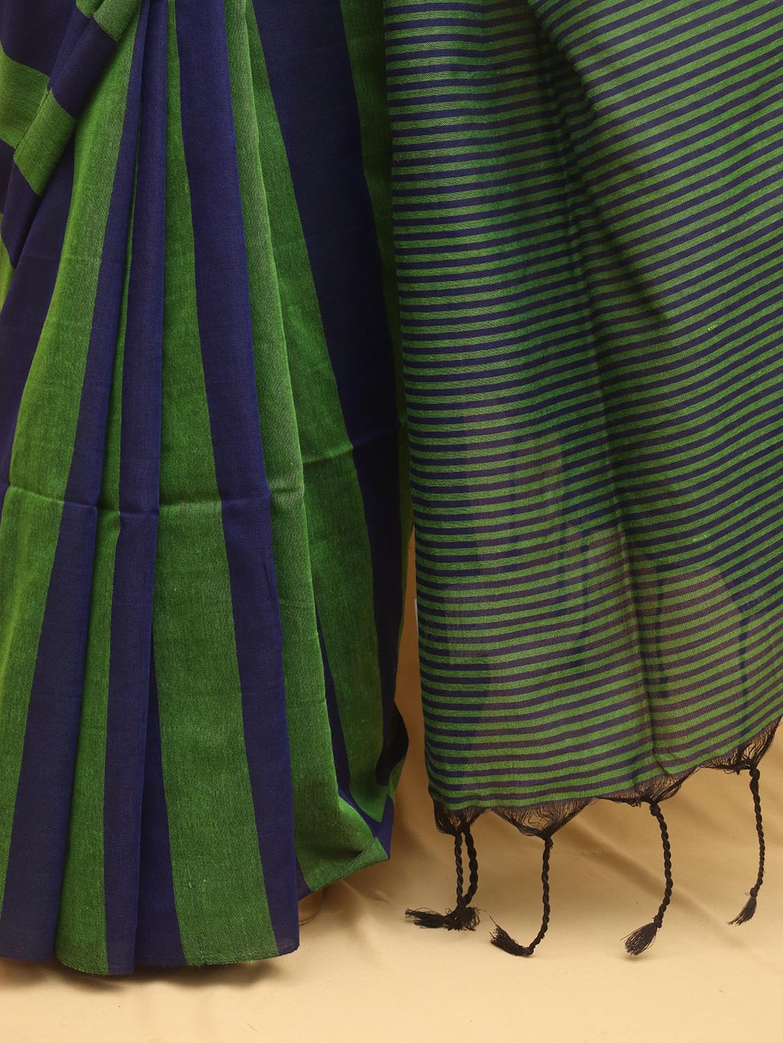 Green And Blue Bengal Cotton Stripe Design Saree - divyaindia 