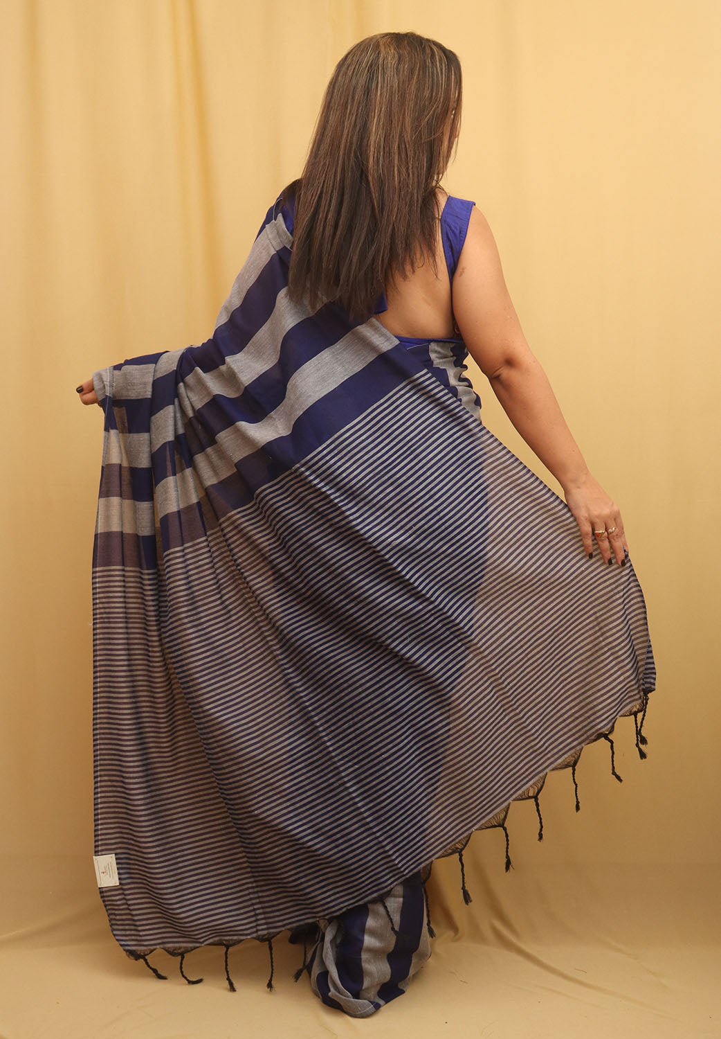 Grey And Blue Bengal Cotton Stripe Design Saree - divyaindia 